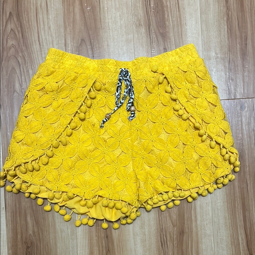 Yellow Lace Pom-Pom Women Shorts